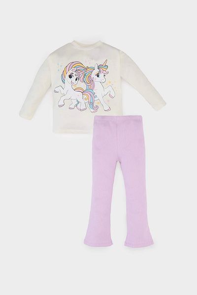 DeFacto Ecru 2 Pcs Baby Girl Set - Unicorn Printed Long Sleeve T-Shirt Flared Leggings