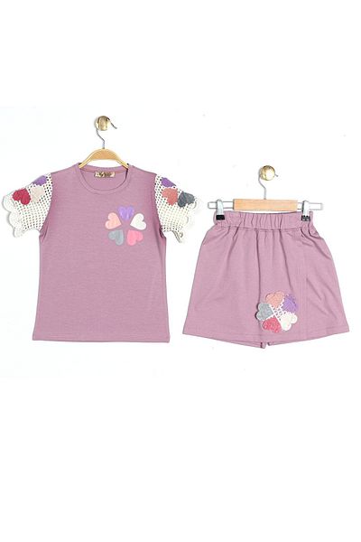 Cmk Kids club Girl's Heart Patterned Knitwear Sleeve Shorts Set (3-7 Years)