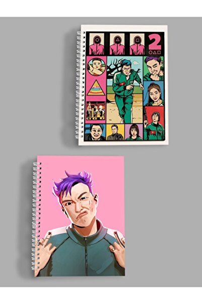 Spiralli,Çizgili Defter SQUID GAME A5 Boyutunda 75 Yaprak (150 Sayfa) 2'li Set