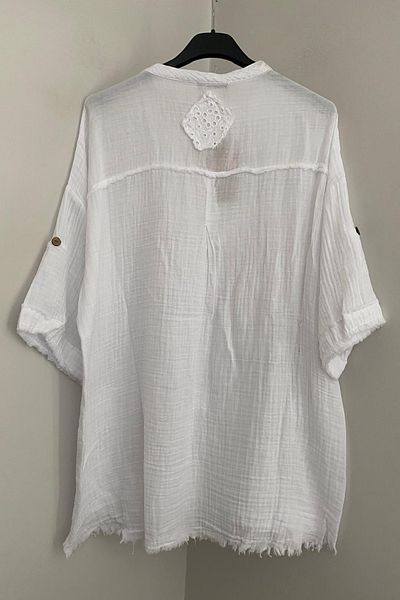 AYASOFYA OTANTIK Women's White Judge Collar Brode Lace Detailed Foldable Short Sleeve 100% Cotton Shirt Blouse