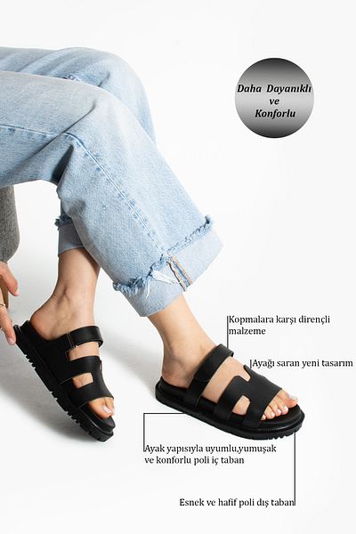 Moda Devrin Black Skin Velcro Anatomical Comfortable Sole Women's Slippers