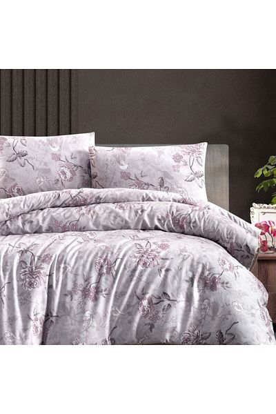 First Choice Lilac bed linen with birds and flowers, 100% cotton ranforce, 4 pieces, fitted sheet, Ibiza