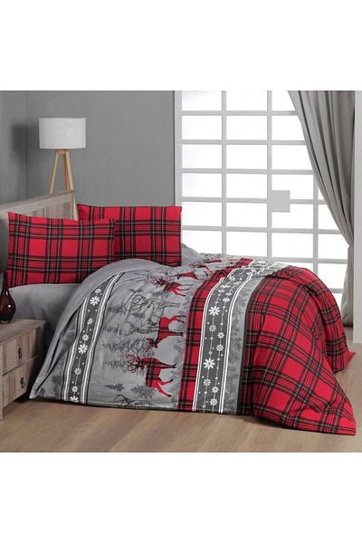 First Choice 100% Cotton Double Bed Flannel Linen, Reindeer and Plaid Pattern, Hapiness Red