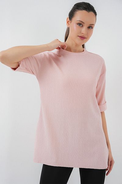 Bigdart 4332 Πλεκτό T-Shirt με σκισίματα στο πλάι - Πούδρα