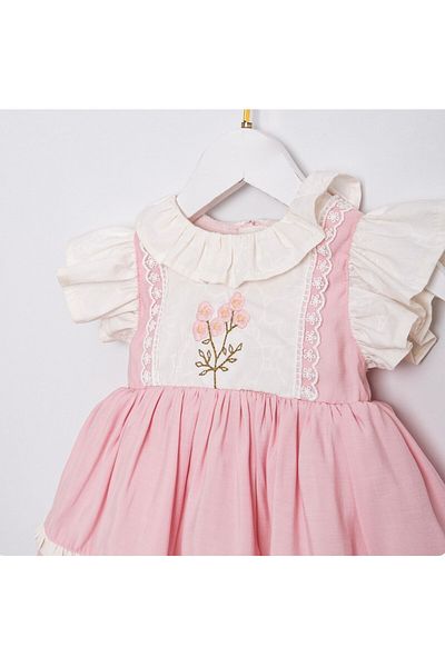 PİTABABY Amy - Embroidered Pink and White Baby Girl Dress with Flounce Sleeves