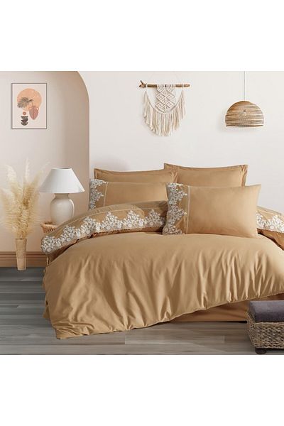 Clasy Double bed linen 100% cotton with lace border, Clasy Home, Osela golden beige