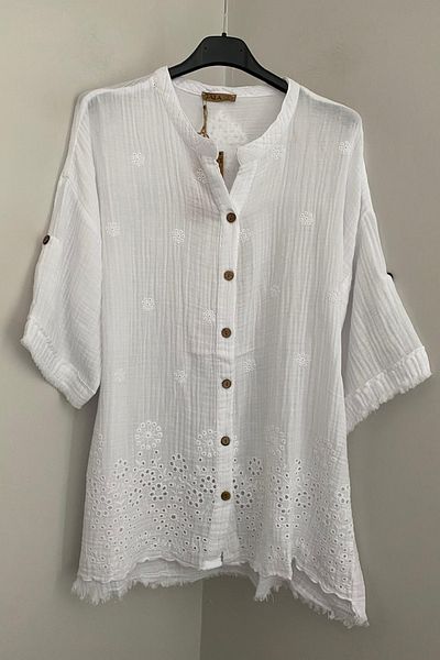 AYASOFYA OTANTIK Women's White Judge Collar Brode Lace Detailed Foldable Short Sleeve 100% Cotton Shirt Blouse