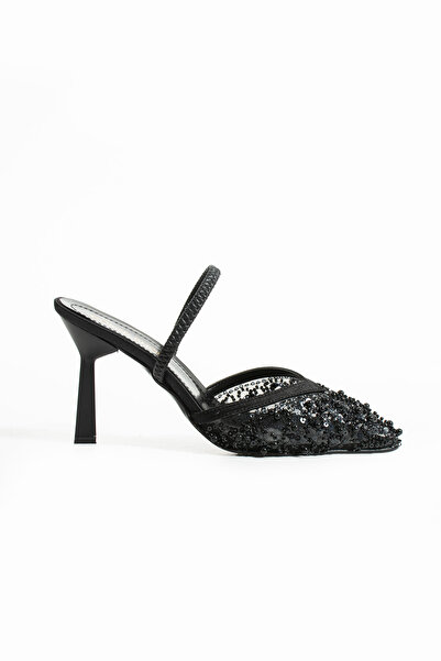Gökçe Shoes Alisa Siyah fileli Pul Detay Kadın Topuklu Ayakkabı