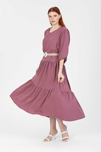 NAVY Μακρυμάνικο λινό φόρεμα με ζώνη