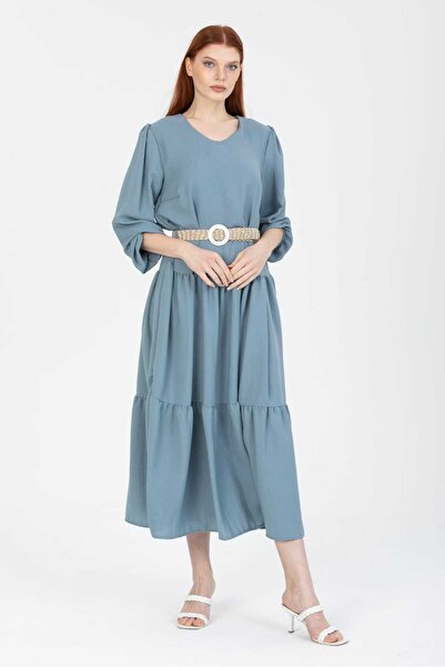 NAVY Μακρυμάνικο λινό φόρεμα με ζώνη