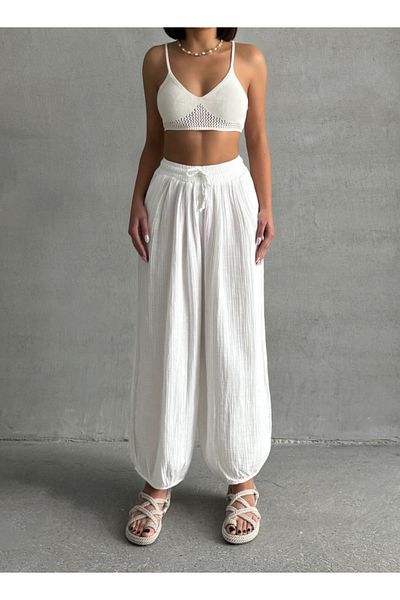 BEJNA Ecru Shalwar-Hose aus Musselinstoff mit Taschen für Damen