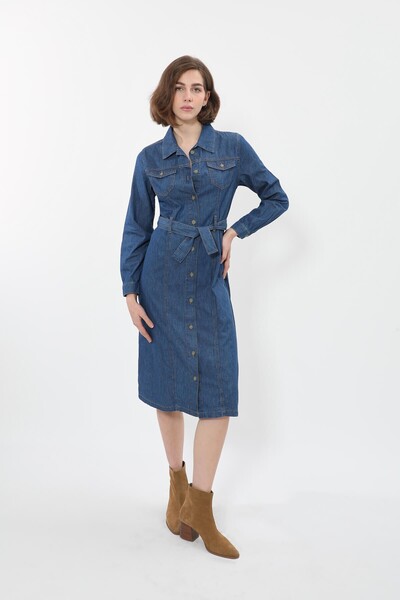 BANNY JEANS Kadın Önden Düğmeli Kemerli Jean Elbise