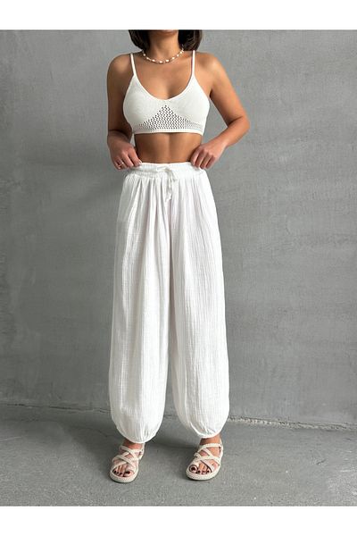 BEJNA Ecru Shalwar-Hose aus Musselinstoff mit Taschen für Damen