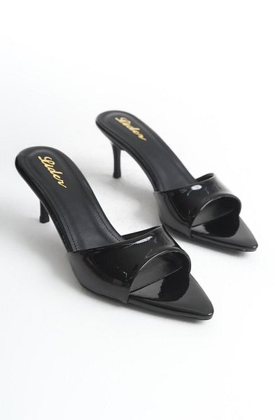 LDR Women's Black Patent Leather Thin Heeled Pointed Toe Slippers