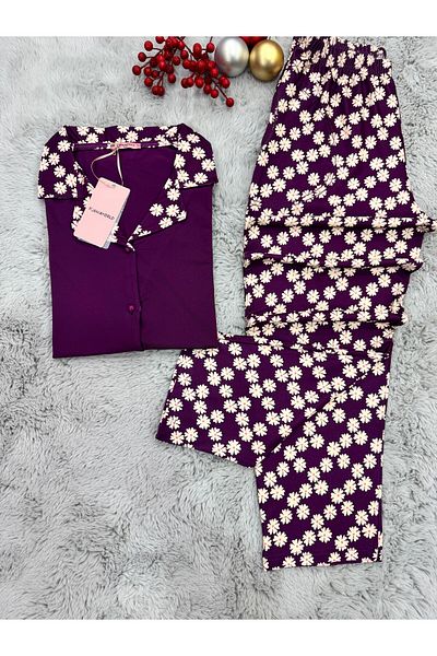 pijamaworld Short Sleeve Front Buttoned Pjs Suit with Pockets