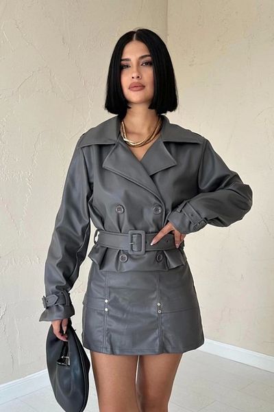 Simayshopping Gray Belted Leather Jacket