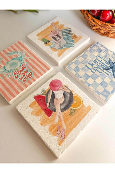 arslart طقم قواعد أكواب من الحجر الطبيعي بتصميم صيفي مكون من 4 قطع