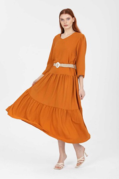 NAVY Μακρυμάνικο λινό φόρεμα με ζώνη