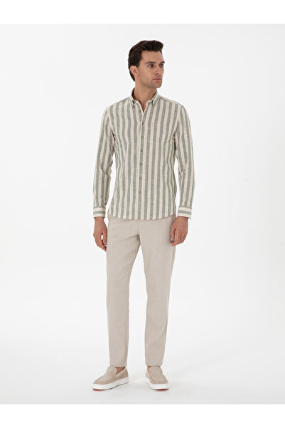 Cacharel Haki Slim Fit Çizgili Pamuklu Gömlek 50311079-VR027