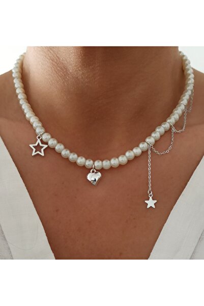 DENİZDENAL İnci Zincir Kolye Kalp ve Yıldız Detaylı