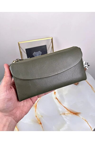 Fil Deri Genuine Leather Women's Green Wallet with Phone Compartment 2049