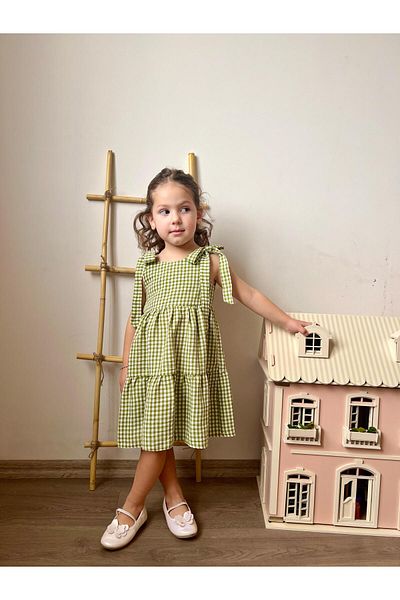 meqlife Gingham Patterned Strappy Dress 1-10 Years Green