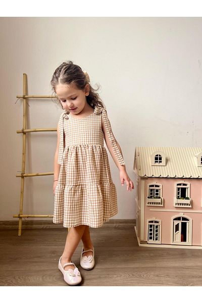 meqlife Рокля с тиранти и шарка „хаундстук“, 1-10 години, камила
