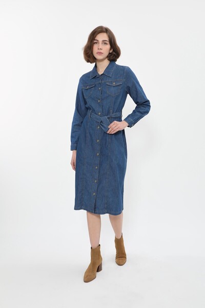 BANNY JEANS Kadın Önden Düğmeli Kemerli Jean Elbise