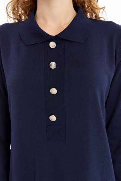 ilmek Жіноча сорочка з коміром, деталізована, з напіврозрізами, тонкий сезонний трикотаж з холодної пряжі, темно-синя