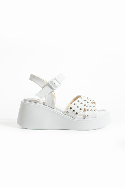 Gökçe Shoes ANJALİ BEYAZ TROK DETAY KADIN DOLGU TABAN SANDALET