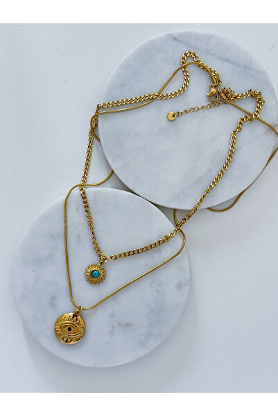 CHARMLUCKY ÇELİK GÖZ-TURKUAZ TAŞI 2Lİ KOLYE