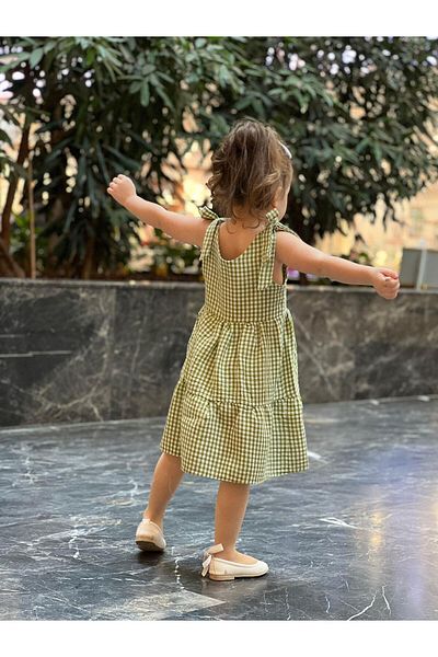 meqlife Gingham Patterned Strappy Dress 1-10 Years Green