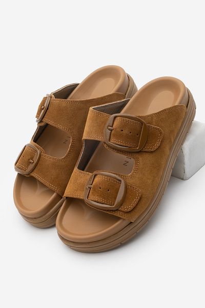 Marjin Women's Genuine Leather Buckle Thick Sole Daily Slippers Rontes Tan Suede