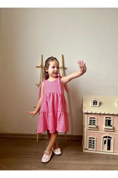 meqlife Fuchsia Gingham Patterned Strappy Dress Age 1-10