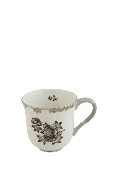 HEREND Beyaz Siyah Çiçek Desenli Porselen Kupa