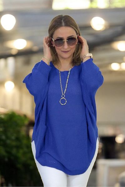 yagmurberen Bat Sleeve Double Pocket Boat Neck Oval Cut Large Size Italian Mercerized Bluz Sweater.