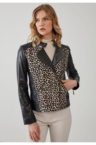 Deriderim Black Leopard Women's Lined Biker Genuine Leather Jacket