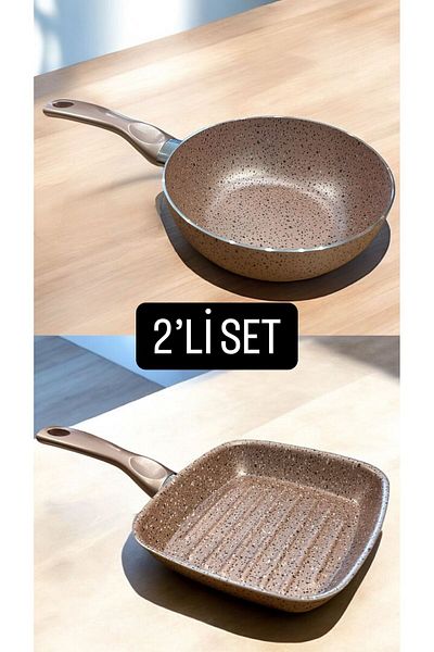 Bayev Set of 2 Mini Granite Grill Pan and Granite Wok Pan