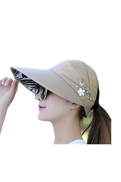 CosmoOutlet Beige Color Visor Sun Hat with Flower and Pearl Bead Trim Foldable Uv Protection