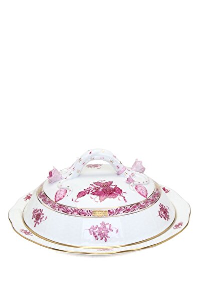 HEREND Beyaz Pembe Çiçek Desenli Porselen Şekerlik