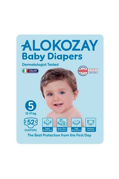 Alokozay Premium Baby Diapers - Size 5 (12-17 Kg) - 52 Diapers