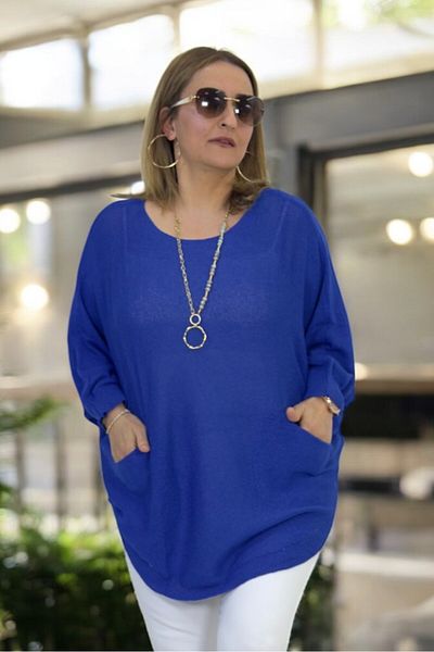 yagmurberen Bat Sleeve Double Pocket Boat Neck Oval Cut Large Size Italian Mercerized Bluz Sweater.