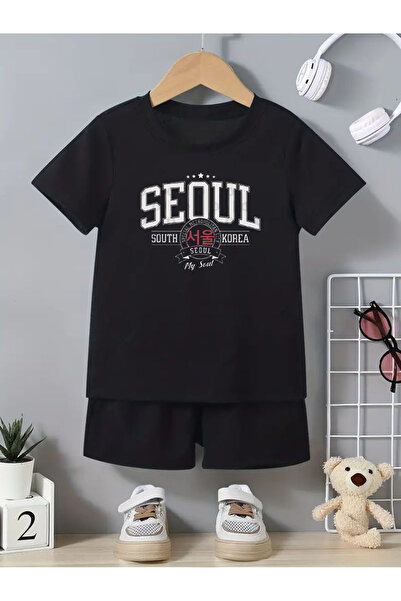 Çocuk Yetişkin Baskılı Kore Seul Erkek Kız Bebek Siyah Tarz T-shirt
