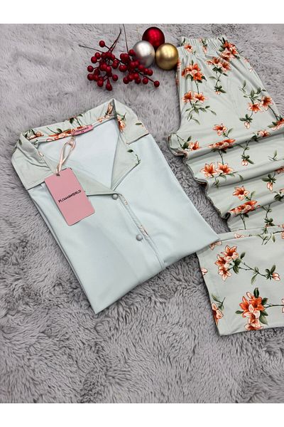 pijamaworld Short Sleeve Front Buttoned Pjs Suit with Pockets