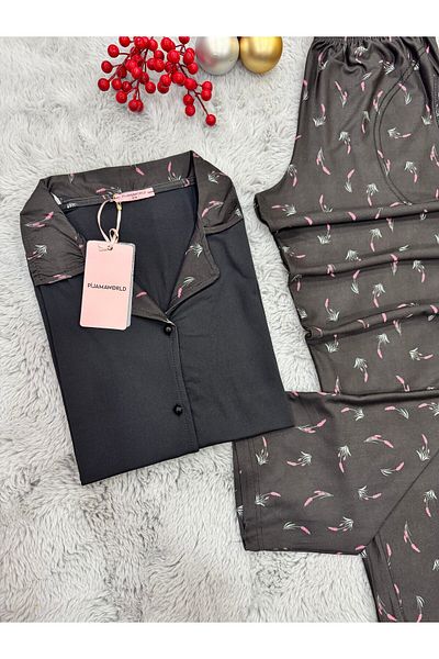 pijamaworld Costum de pijama cu mâneci scurte, cu nasturi în față, cu buzunare