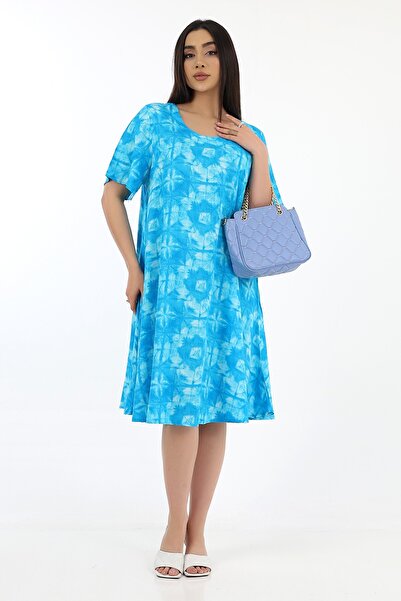 SCHIK Kadın Viskon Yarım Kol Kare Yaka Elbise Turkuaz