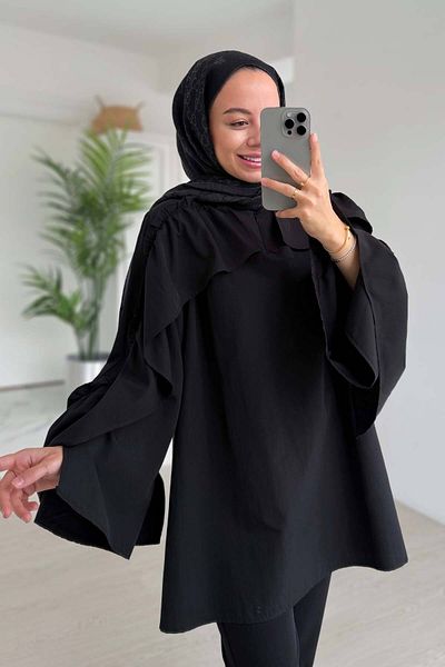 Ka Hijab Cămașă hijab cu detaliu cu volane - neagră