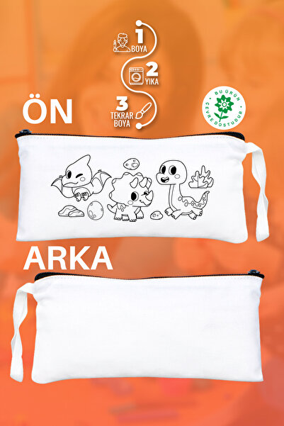 Pamusan Dinozor Desenli Boyanabilir Bez Kalemlik - 21x10 cm - 10 Adet - Okul Öncesi Boyama Aktivite Çantası