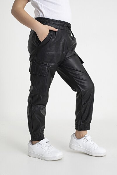 Neslice in İstanbul Kız Çocuk Siyah Kargo Cepli Deri Pantolon