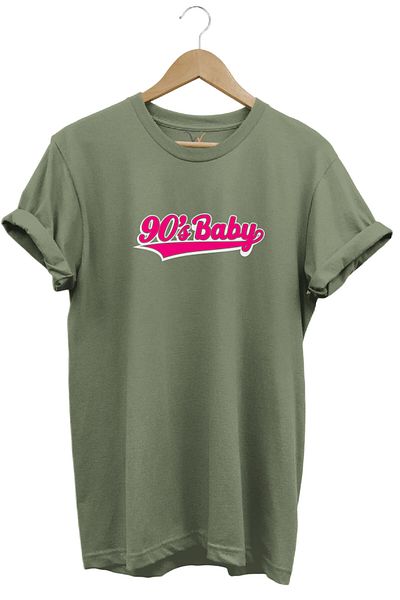 WİDİ Μπλουζάκι 90's Baby 90's Kid με στάμπα, κομψό 100% βαμβακερό μπλουζάκι με κανονική εφαρμογή με λαιμόκοψη χακί